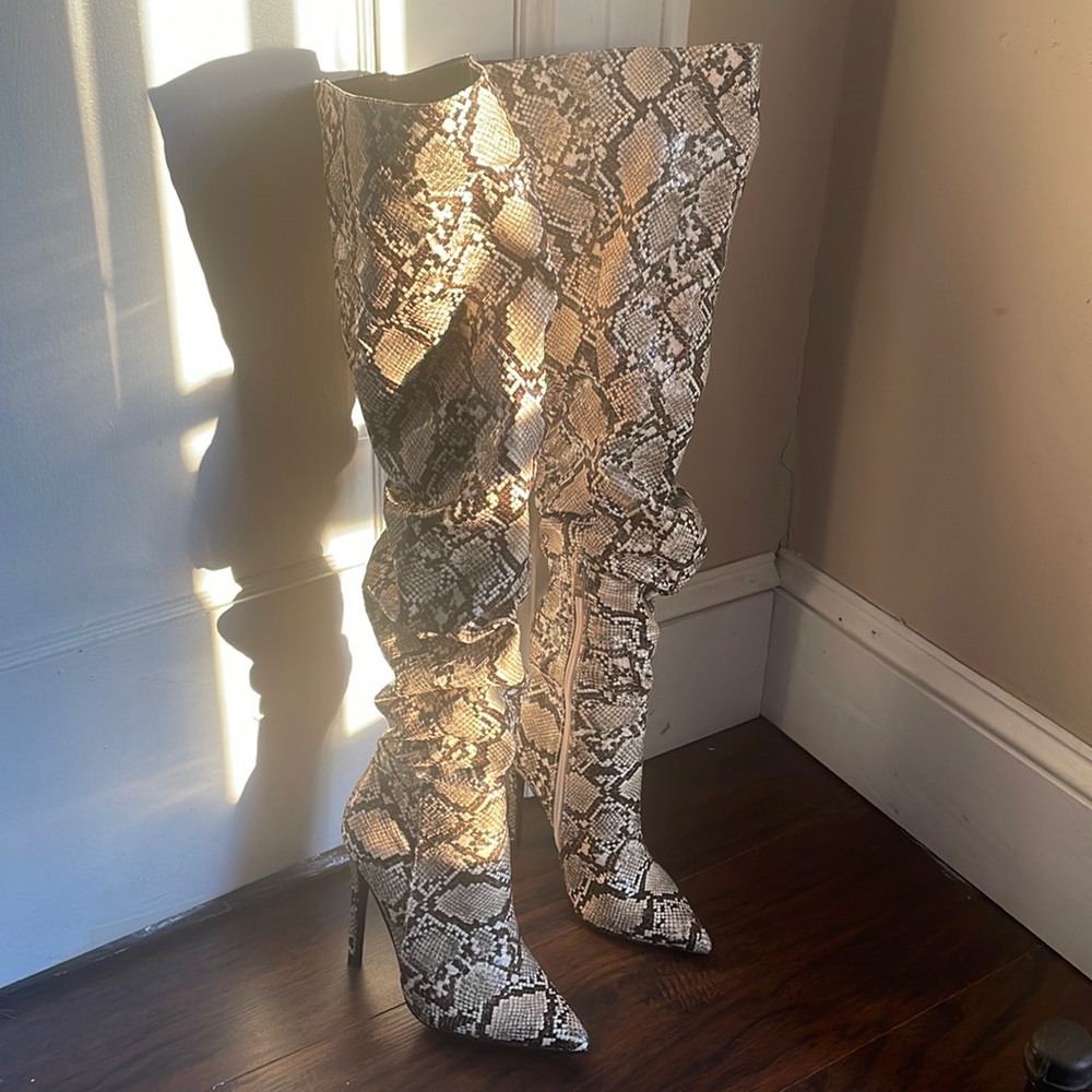 BooHoo Knee High Snakeskin Boots